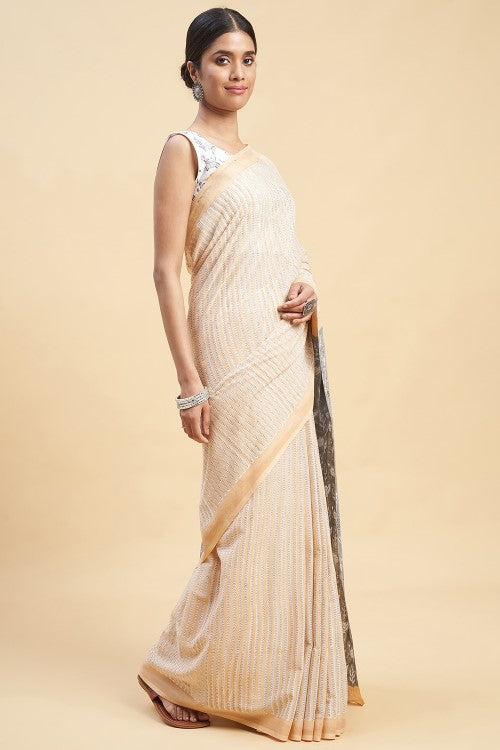 Sooti Syahi "King Crabs Gray" Handblock Print Mul Cotton Saree - Image 3