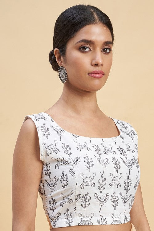 Sooti Syahi "King Crabs Gray" Handblock Print Mul Cotton Saree - Image 6