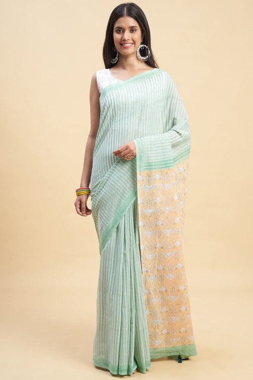 Sooti Syahi "King Crabs Greeny" Handblock Print Mul Cotton Saree