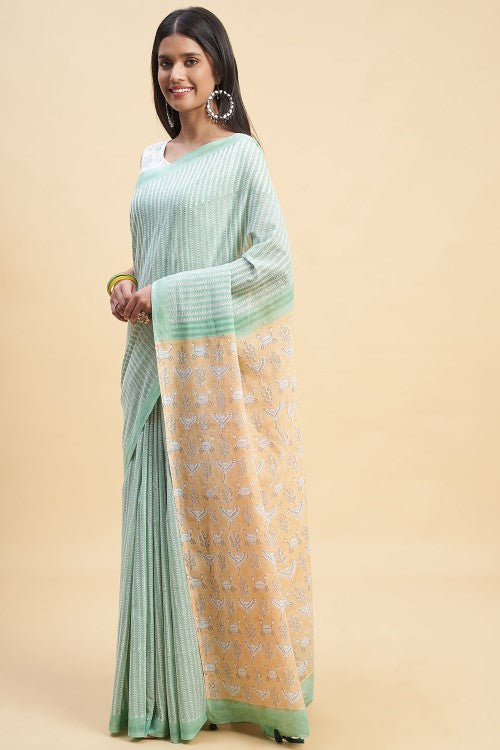 Sooti Syahi "King Crabs Greeny" Handblock Print Mul Cotton Saree - Image 2