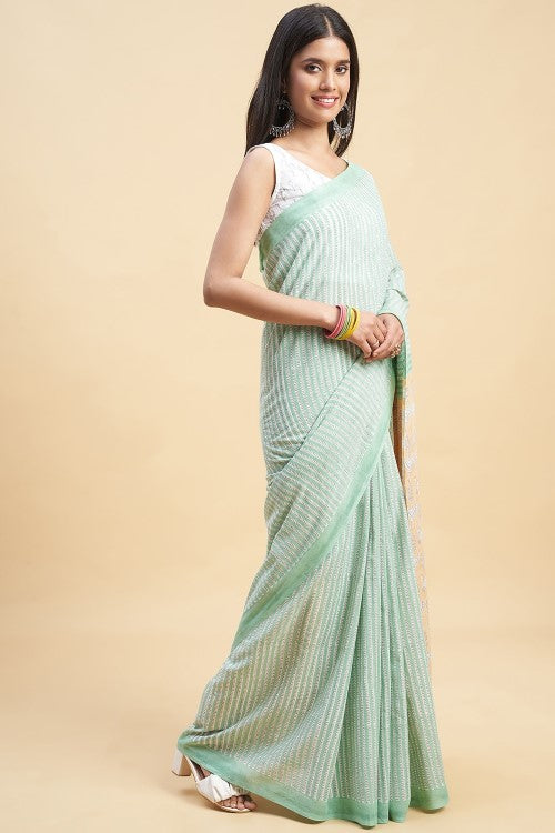 Sooti Syahi "King Crabs Greeny" Handblock Print Mul Cotton Saree - Image 3