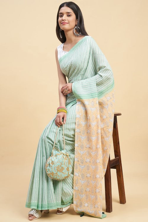 Sooti Syahi "King Crabs Greeny" Handblock Print Mul Cotton Saree - Image 4