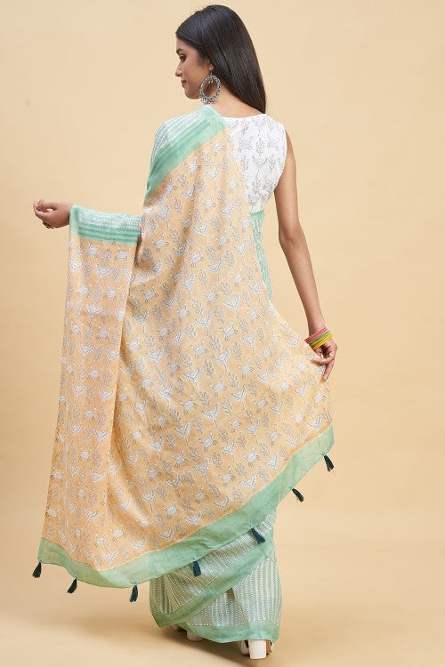 Sooti Syahi "King Crabs Greeny" Handblock Print Mul Cotton Saree - Image 5