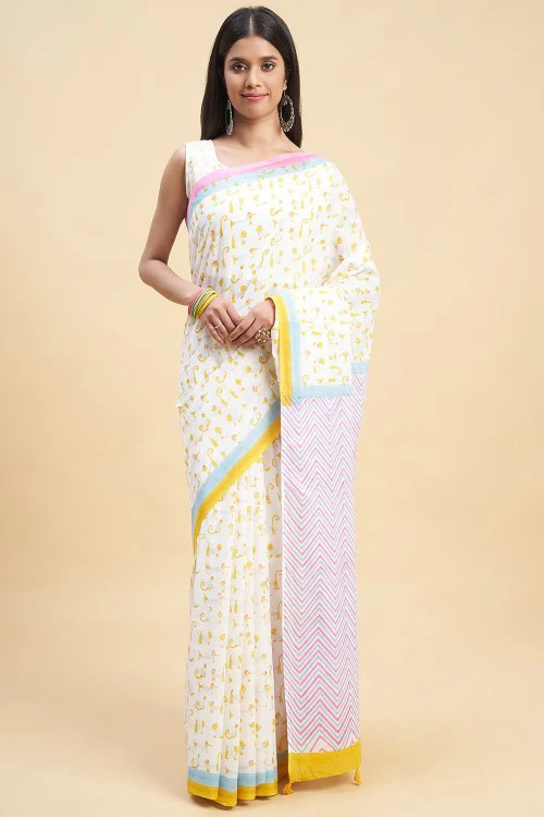 Sooti Syahi "Kittens Yellow" Handblock Print Mul Cotton Saree