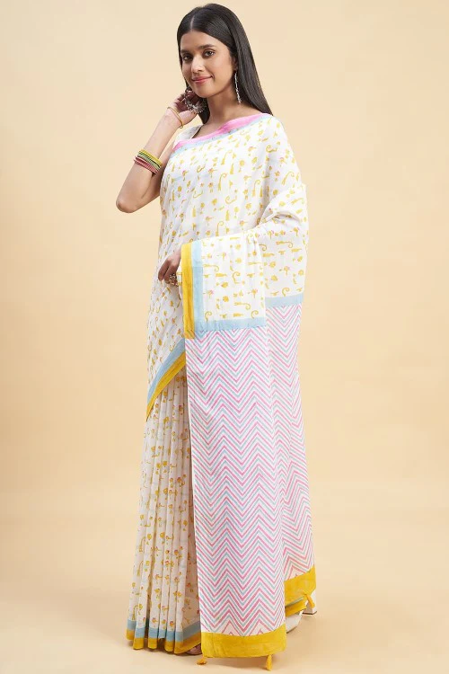 Sooti Syahi "Kittens Yellow" Handblock Print Mul Cotton Saree - Image 3