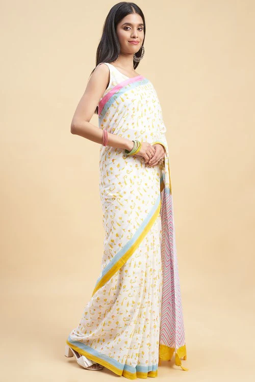 Sooti Syahi "Kittens Yellow" Handblock Print Mul Cotton Saree - Image 4