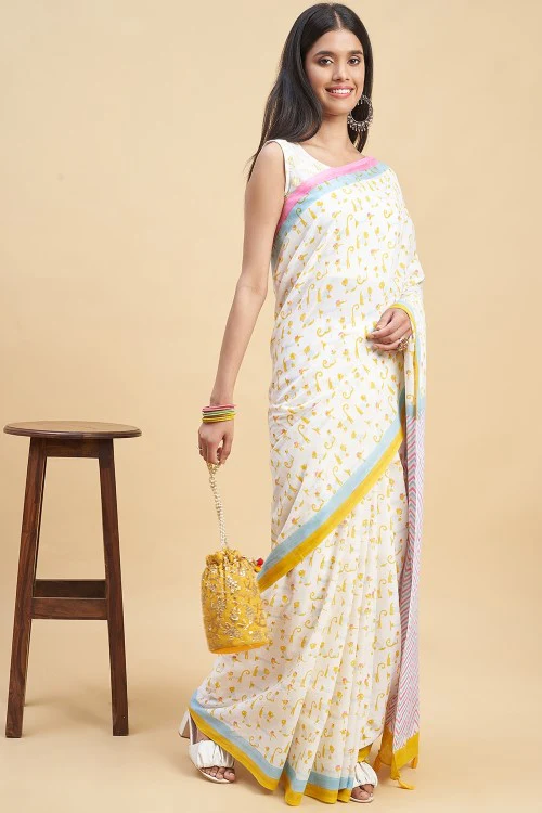 Sooti Syahi "Kittens Yellow" Handblock Print Mul Cotton Saree - Image 5