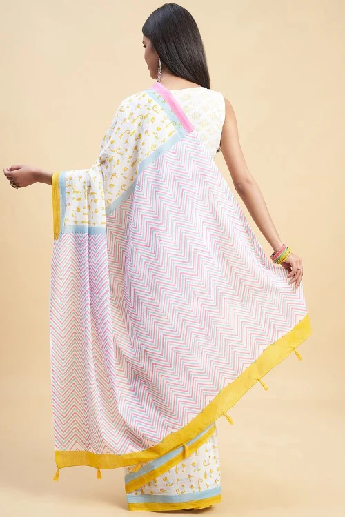 Sooti Syahi "Kittens Yellow" Handblock Print Mul Cotton Saree - Image 6