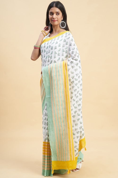 Sooti Syahi "Little Green Penguins"Handblock Print Mul Cotton Saree
