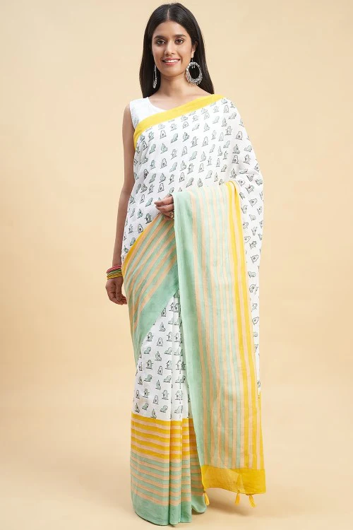 Sooti Syahi "Little Green Penguins"Handblock Print Mul Cotton Saree - Image 2