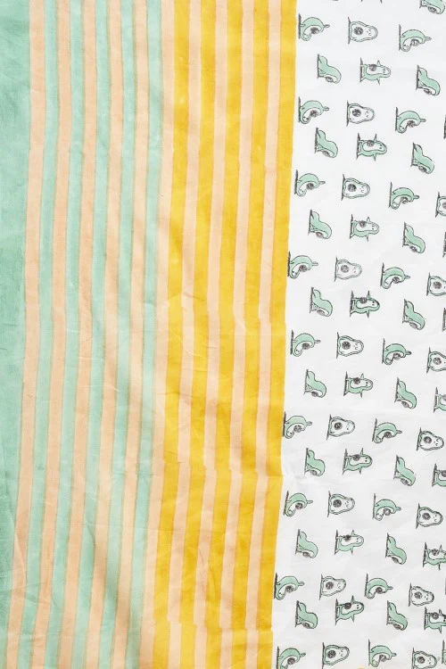 Sooti Syahi "Little Green Penguins"Handblock Print Mul Cotton Saree - Image 3