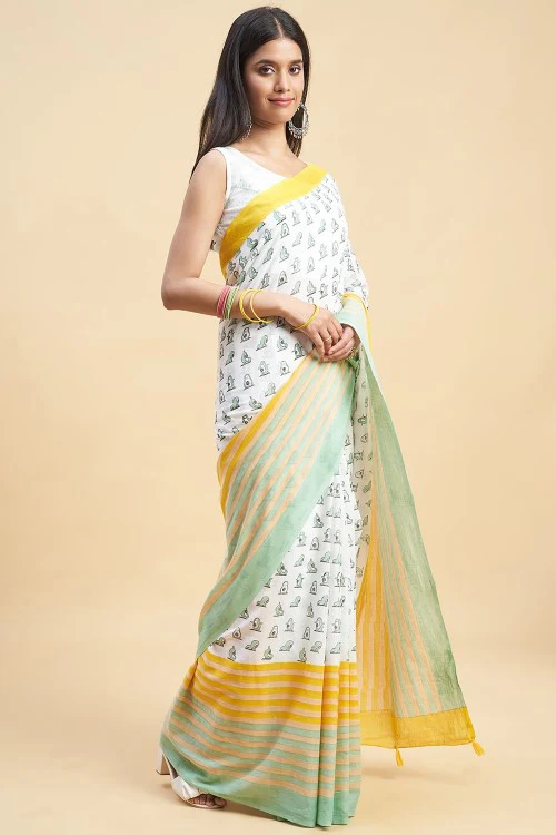 Sooti Syahi "Little Green Penguins"Handblock Print Mul Cotton Saree - Image 4
