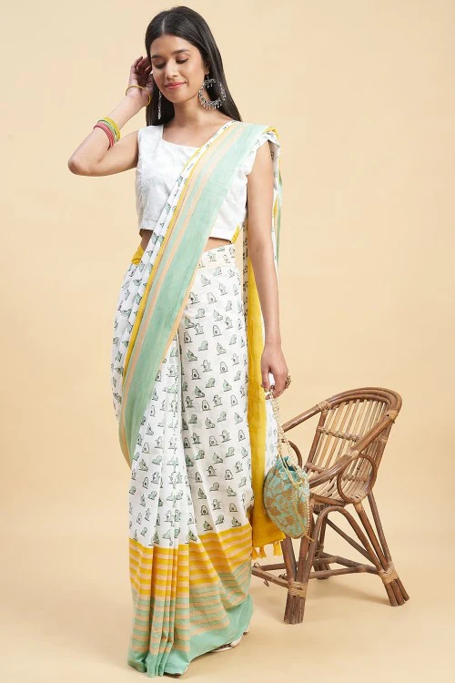 Sooti Syahi "Little Green Penguins"Handblock Print Mul Cotton Saree - Image 5