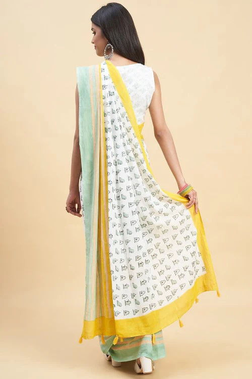 Sooti Syahi "Little Green Penguins"Handblock Print Mul Cotton Saree - Image 6