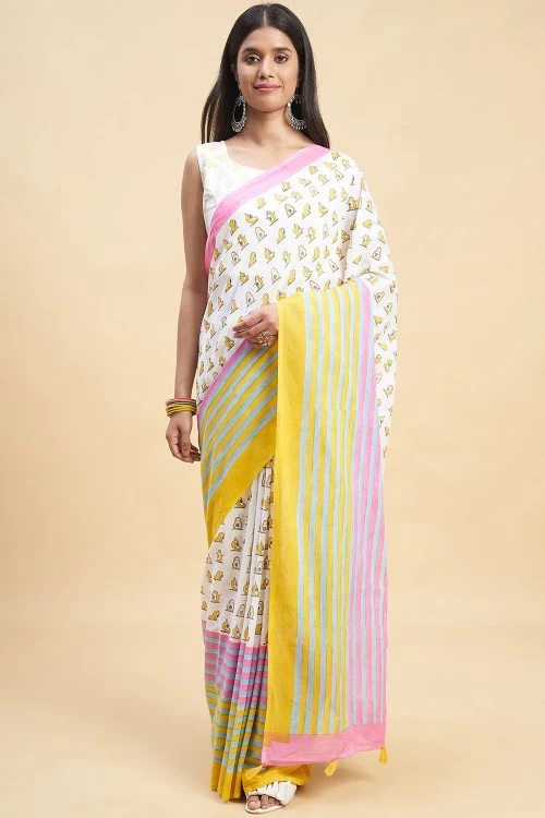 Sooti Syahi "Little Yellow Penguins" Handblock Print Mul Cotton Saree - Image 2