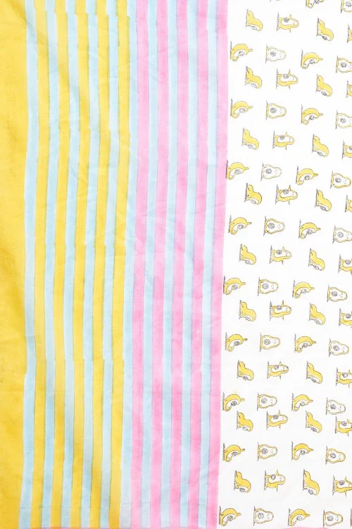 Sooti Syahi "Little Yellow Penguins" Handblock Print Mul Cotton Saree - Image 3