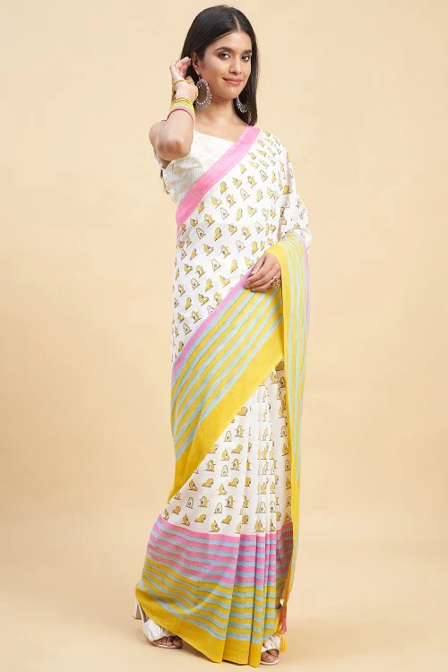 Sooti Syahi "Little Yellow Penguins" Handblock Print Mul Cotton Saree - Image 4