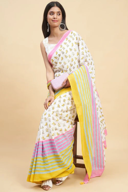 Sooti Syahi "Little Yellow Penguins" Handblock Print Mul Cotton Saree - Image 5