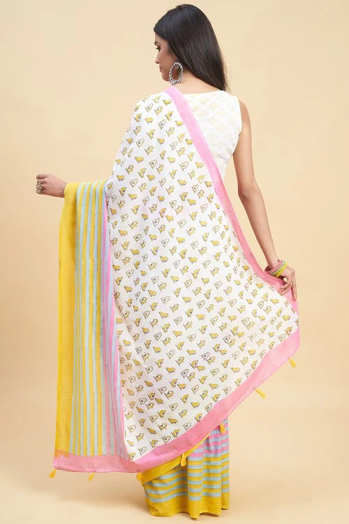 Sooti Syahi "Little Yellow Penguins" Handblock Print Mul Cotton Saree - Image 6