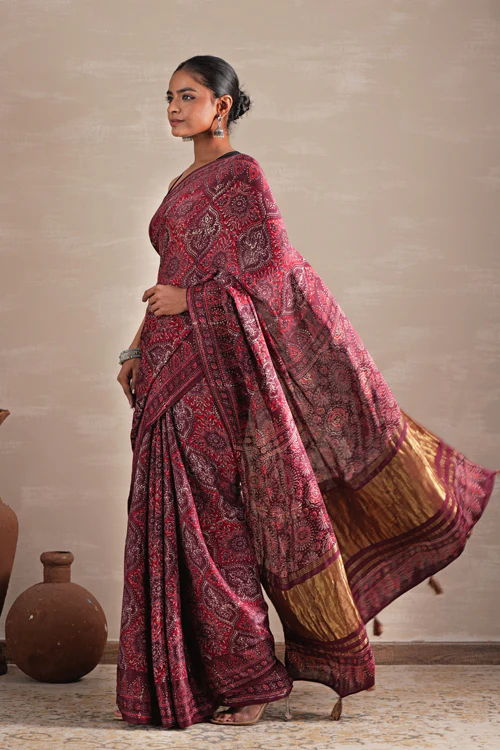 Sooti Syahi ' Mahogany Bloom' Hand Block Printed Modal Tissue Saree
