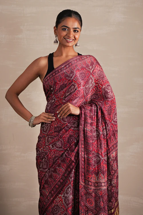 Sooti Syahi ' Mahogany Bloom' Hand Block Printed Modal Tissue Saree - Image 2