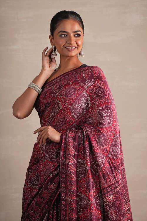 Sooti Syahi ' Mahogany Bloom' Hand Block Printed Modal Tissue Saree - Image 3