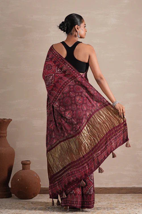 Sooti Syahi ' Mahogany Bloom' Hand Block Printed Modal Tissue Saree - Image 4