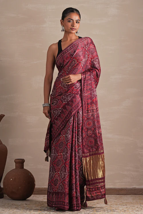 Sooti Syahi ' Mahogany Bloom' Hand Block Printed Modal Tissue Saree - Image 6