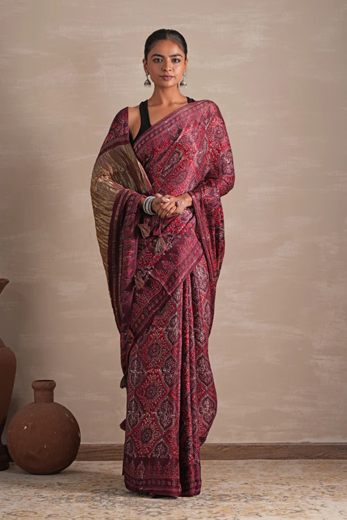 Sooti Syahi ' Mahogany Bloom' Hand Block Printed Modal Tissue Saree - Image 7
