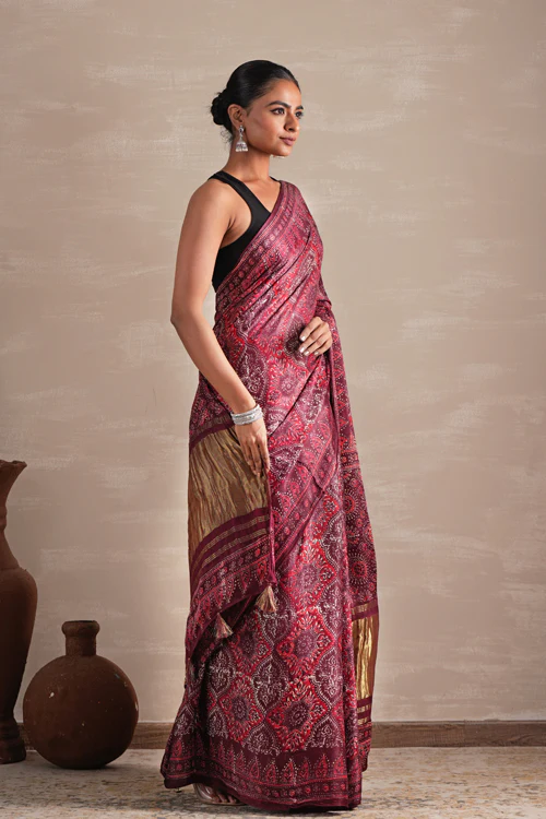 Sooti Syahi ' Mahogany Bloom' Hand Block Printed Modal Tissue Saree - Image 8