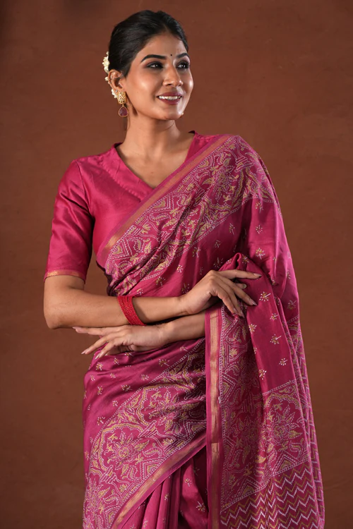 Sooti Syahi ' Majestic Golden' Hand Block Printed Chanderi Silk Saree - Image 3