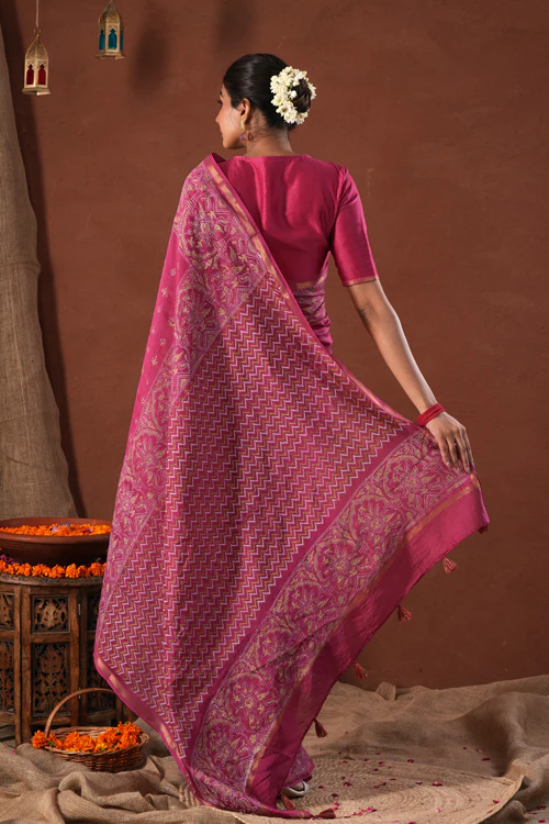Sooti Syahi ' Majestic Golden' Hand Block Printed Chanderi Silk Saree - Image 4