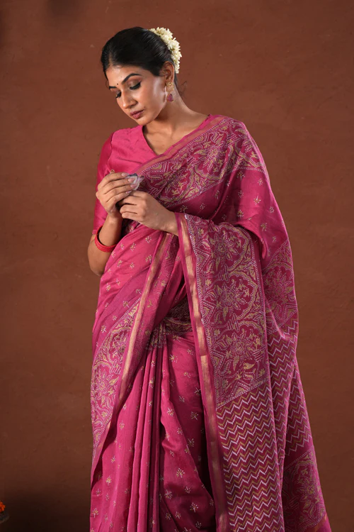 Sooti Syahi ' Majestic Golden' Hand Block Printed Chanderi Silk Saree - Image 5