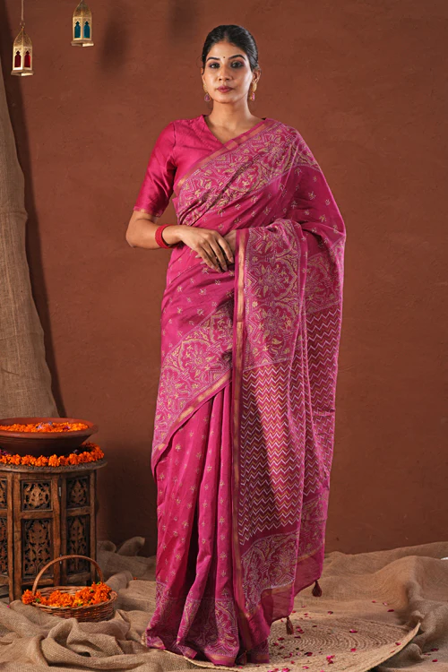 Sooti Syahi ' Majestic Golden' Hand Block Printed Chanderi Silk Saree - Image 6