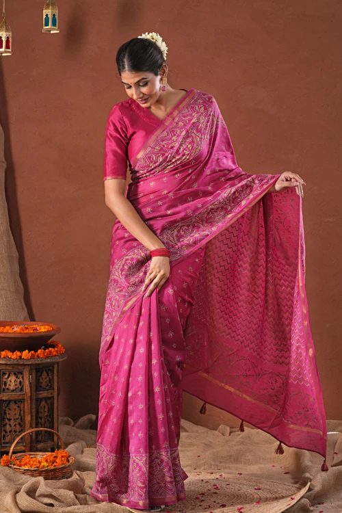Sooti Syahi ' Majestic Golden' Hand Block Printed Chanderi Silk Saree - Image 7