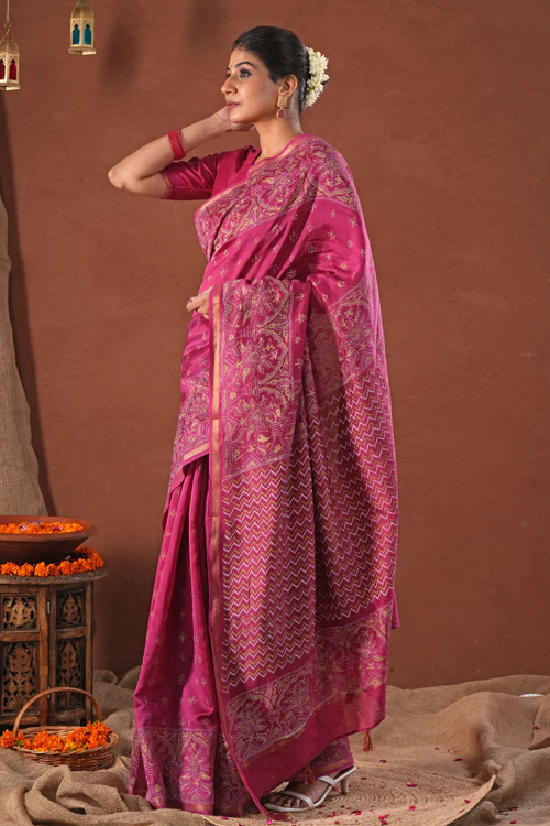 Sooti Syahi ' Majestic Golden' Hand Block Printed Chanderi Silk Saree - Image 8