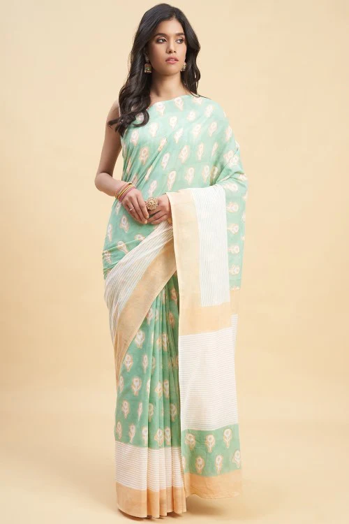 Sooti Syahi "Mandevilla Piast" Handblock Print Mul Cotton Saree