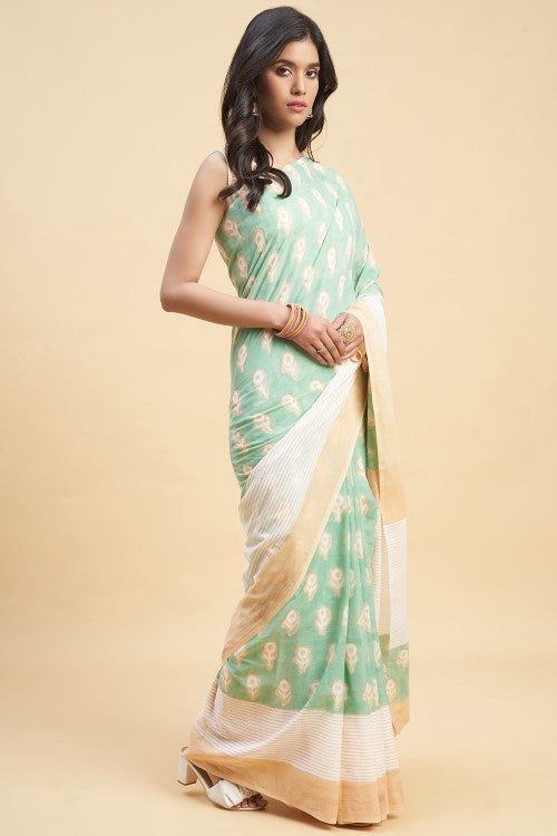 Sooti Syahi "Mandevilla Piast" Handblock Print Mul Cotton Saree - Image 3