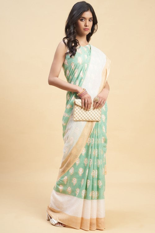 Sooti Syahi "Mandevilla Piast" Handblock Print Mul Cotton Saree - Image 4