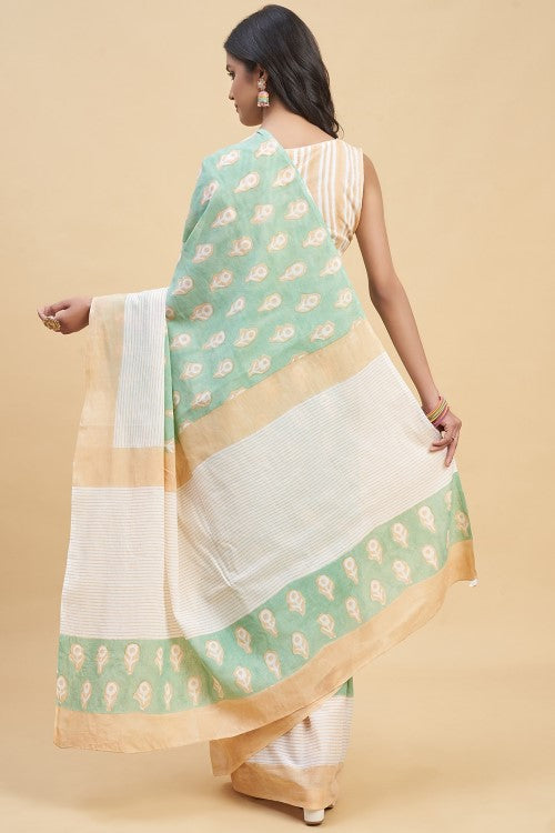 Sooti Syahi "Mandevilla Piast" Handblock Print Mul Cotton Saree - Image 5