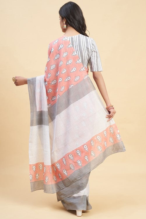 Sooti Syahi "Mandevilla Salmon"Handblock Print Mul Cotton Saree - Image 5
