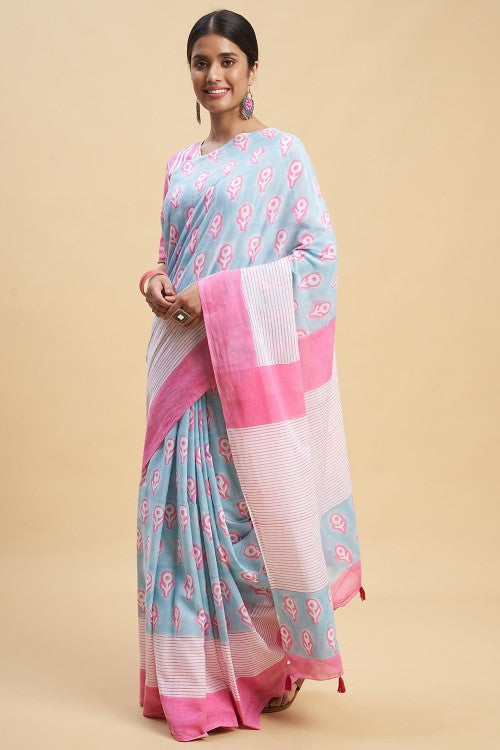 Sooti Syahi "Mandevilla Pink" Handblock Print Mul Cotton Saree - Image 2