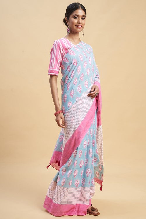 Sooti Syahi "Mandevilla Pink" Handblock Print Mul Cotton Saree - Image 3