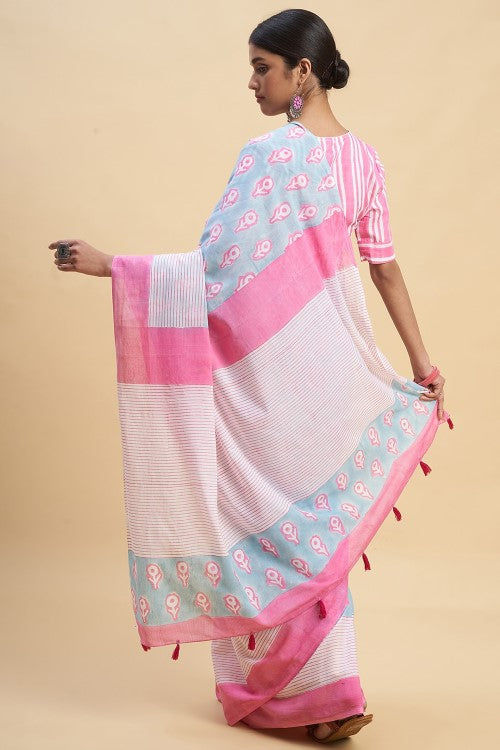Sooti Syahi "Mandevilla Pink" Handblock Print Mul Cotton Saree - Image 5