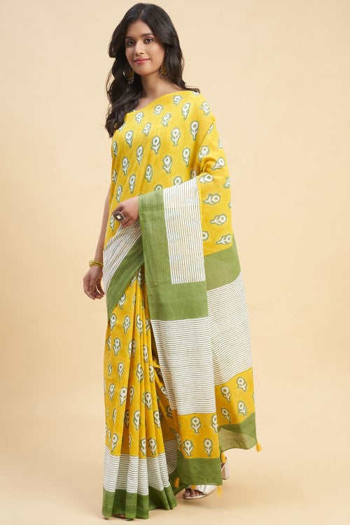 Sooti Syahi "Mandevilla Yellow" Handblock Print Mul Cotton Saree