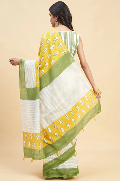 Sooti Syahi "Mandevilla Yellow" Handblock Print Mul Cotton Saree - Image 5