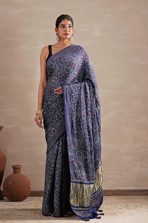 Sooti Syahi ' Marine Mirage' Hand Block Printed Modal Tissue Saree