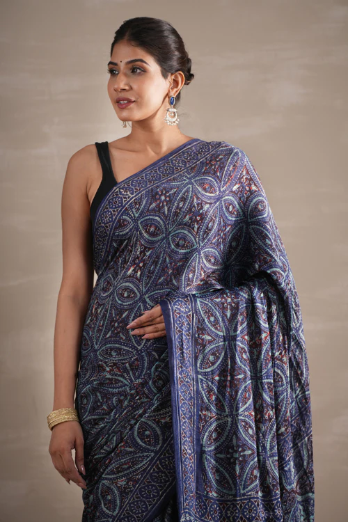 Sooti Syahi ' Marine Mirage' Hand Block Printed Modal Tissue Saree - Image 2