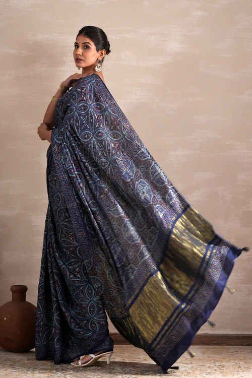 Sooti Syahi ' Marine Mirage' Hand Block Printed Modal Tissue Saree - Image 4