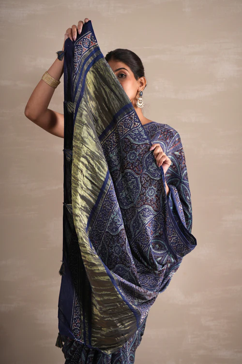 Sooti Syahi ' Marine Mirage' Hand Block Printed Modal Tissue Saree - Image 5
